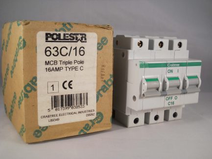 Crabtree Polestar MCB 16 Amp Type C 16A Triple Pole 3 Phase Breaker 63C/16 NEW