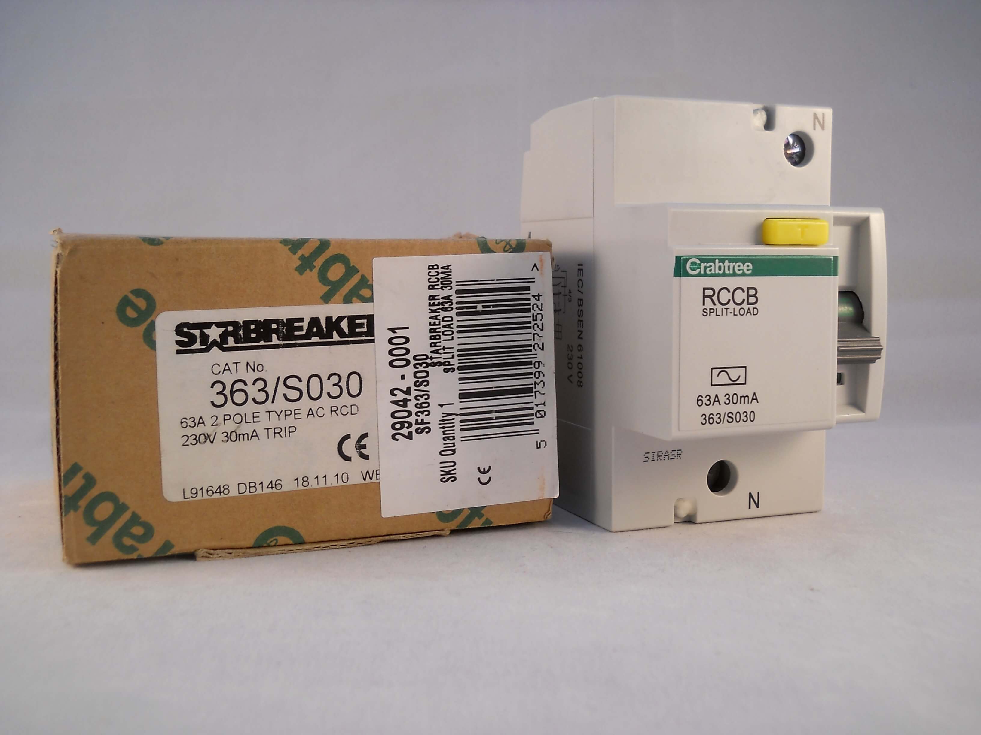Split Load Rcd Crabtree Starbreaker RCCB 63 Amp 30mA 2 Pole Split-Load RCD 63A 363 ...